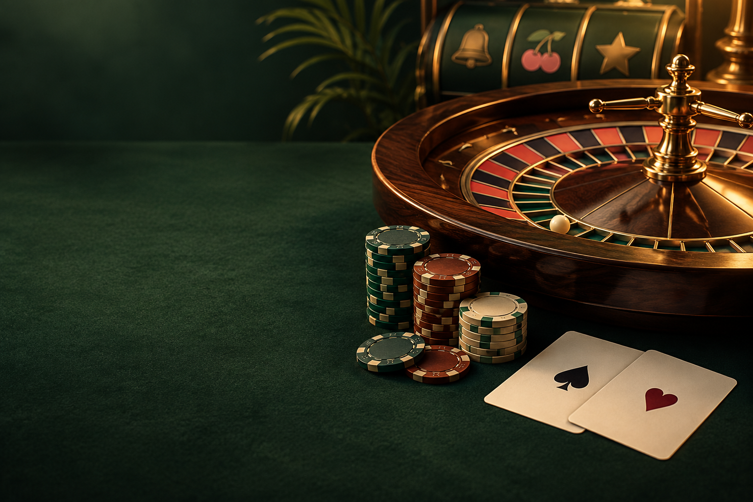 Ilustrasi roda roulette, kartu dan keping dengan cahaya hangat