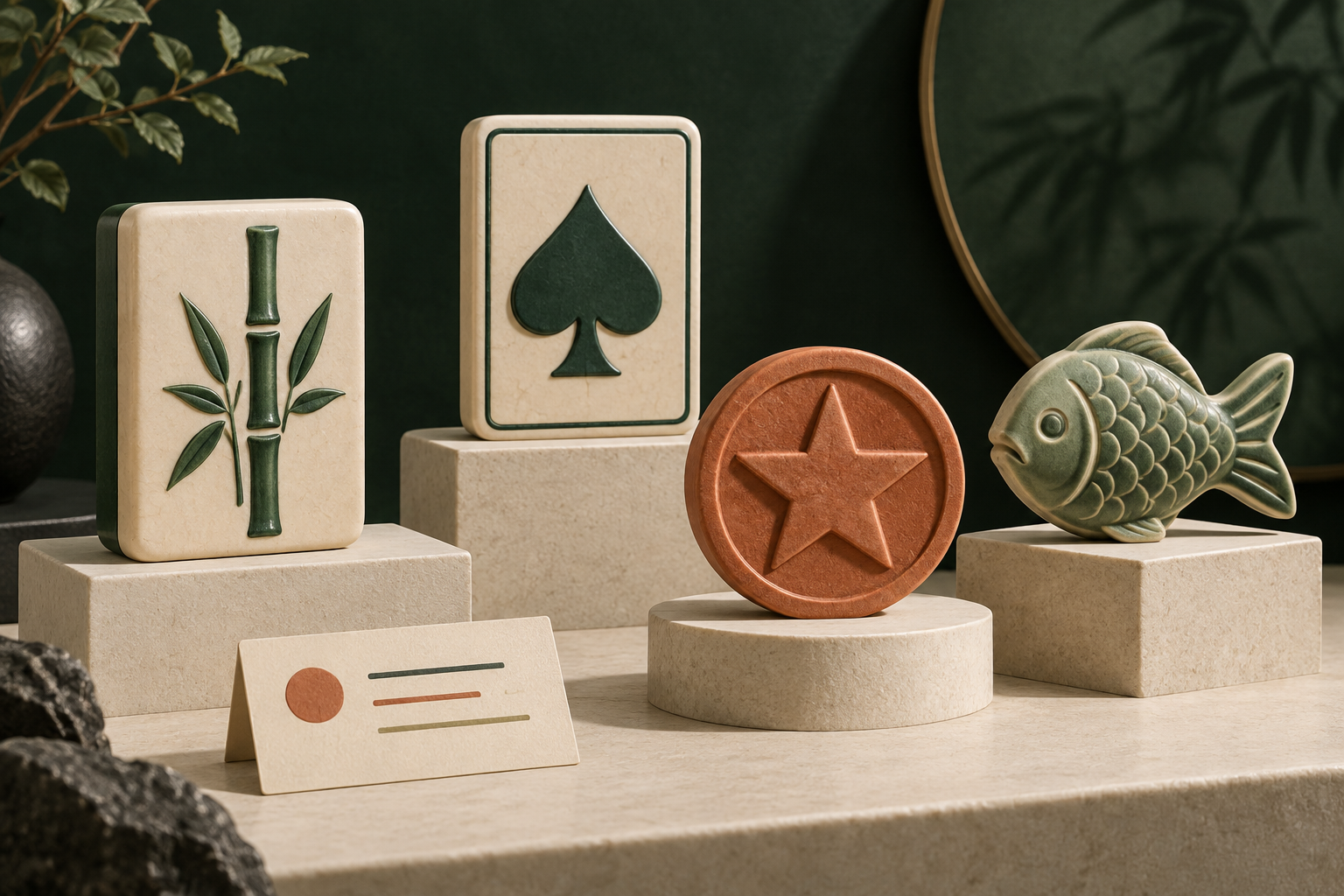 Ilustrasi kategori permainan dengan kartu, bintang, ubin dan ikan